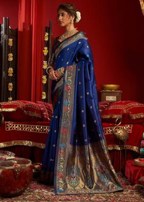 Blue silk blend banarasi saree with unstitched blouse piece 2
