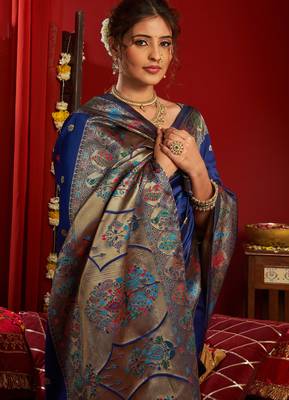 Blue silk blend banarasi saree with unstitched blouse piece 3
