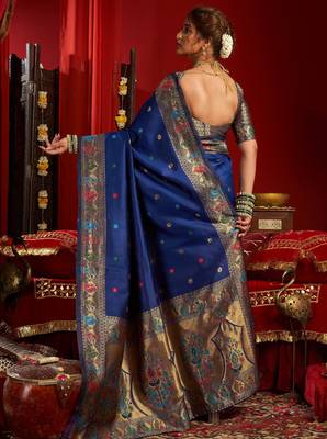 Blue silk blend banarasi saree with unstitched blouse piece 4