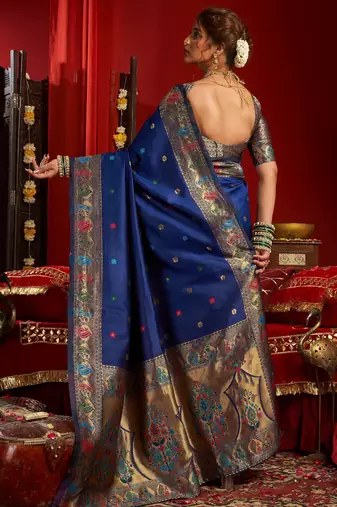 Blue silk blend banarasi saree with unstitched blouse piece