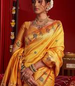 Yellow silk blend banarasi saree with unstitched blouse piece