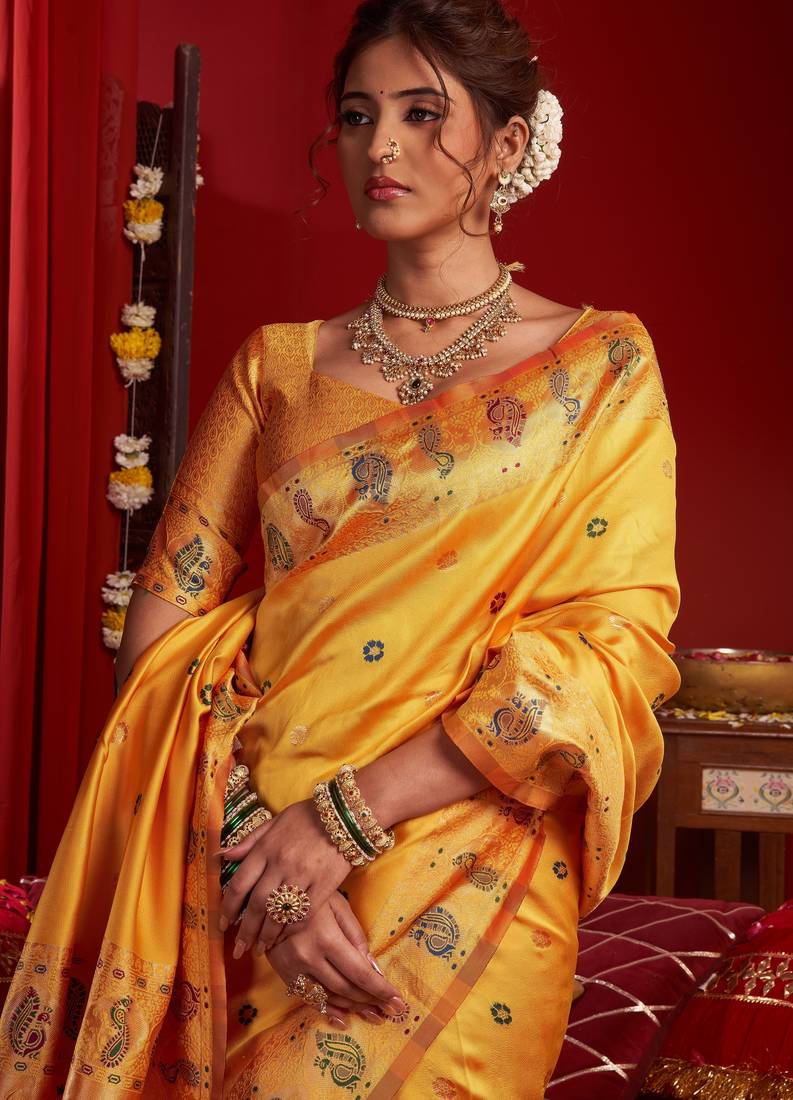 Yellow soft silk blend banarasi jacuard work designer party wear saree with unstitched blouse piece