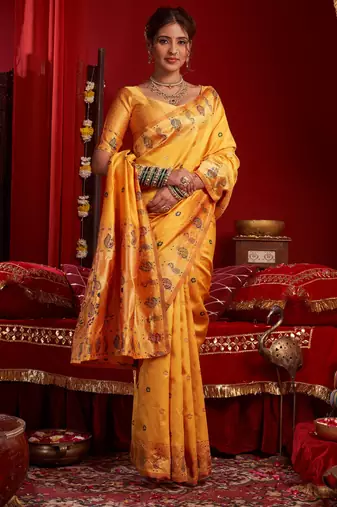 Yellow silk blend banarasi saree with unstitched blouse piece