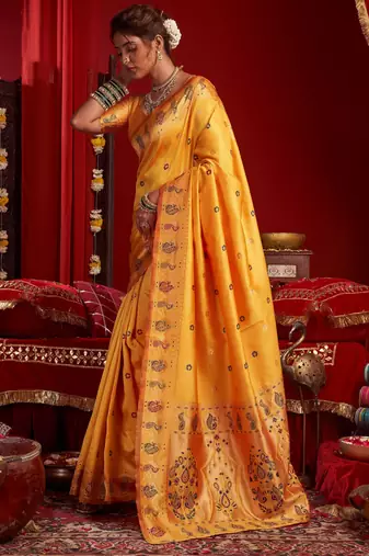 Yellow silk blend banarasi saree with unstitched blouse piece