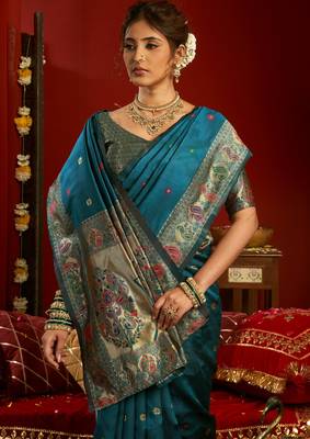 Teal blue silk blend banarasi saree with unstitched blouse piece 1