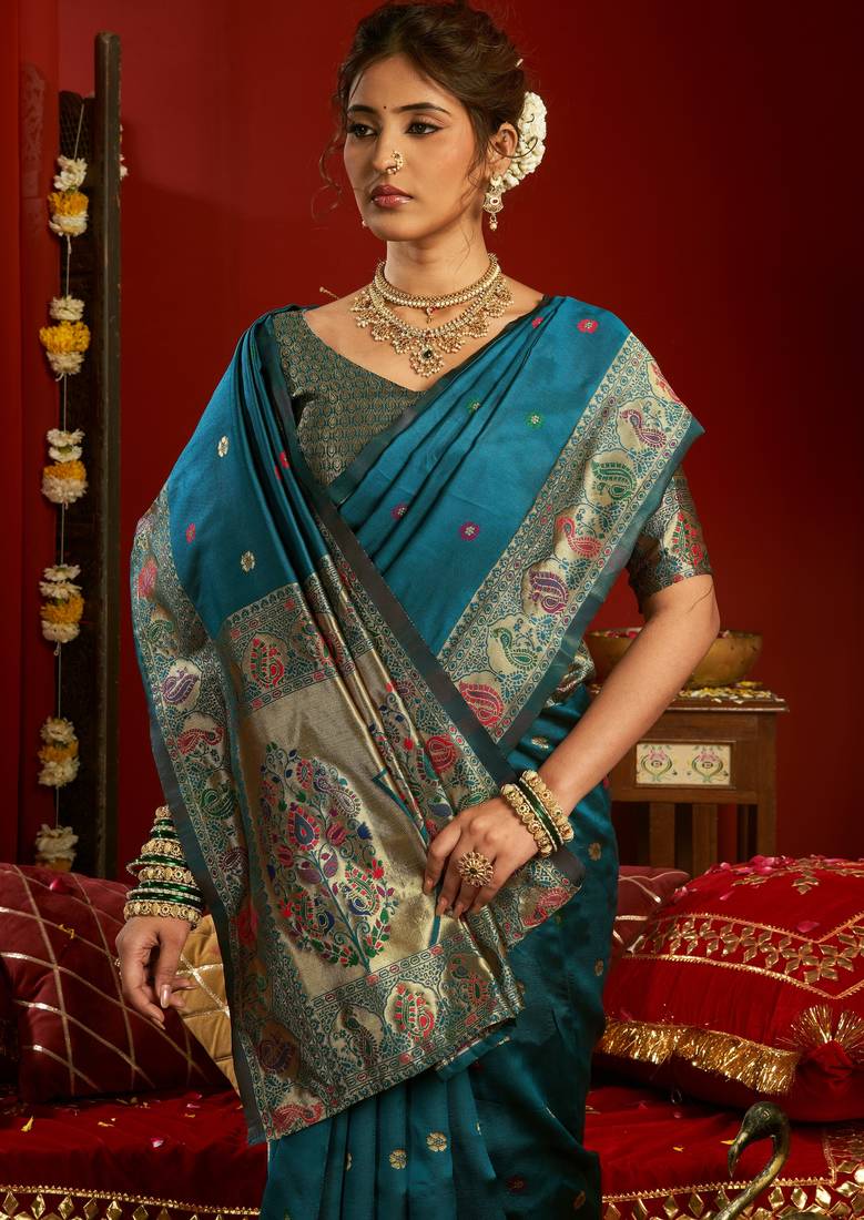 Teal blue soft silk blend banarasi jacuard work designer party wear saree with unstitched blouse piece