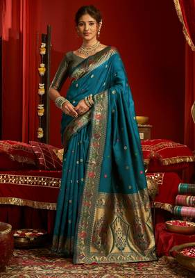 Teal blue silk blend banarasi saree with unstitched blouse piece 2