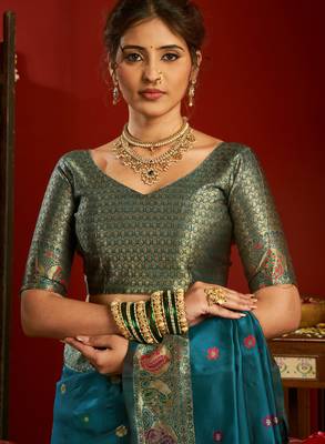 Teal blue silk blend banarasi saree with unstitched blouse piece 5