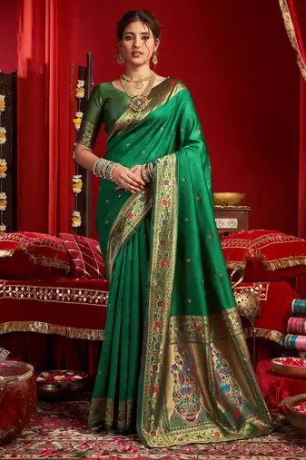 Green soft silk blend banarasi jacuard work designer party wear saree with unstitched blouse piece