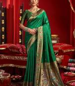 Green silk blend banarasi saree with unstitched blouse piece