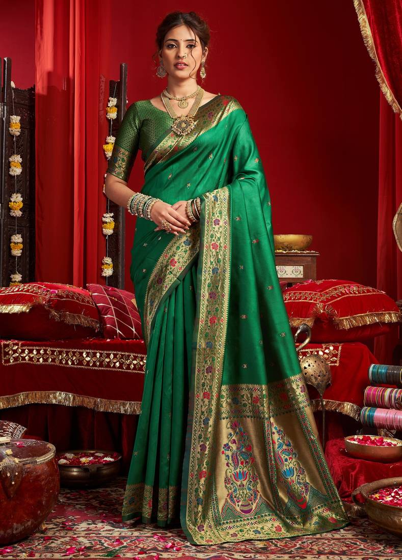 Green soft silk blend banarasi jacuard work designer party wear saree with unstitched blouse piece