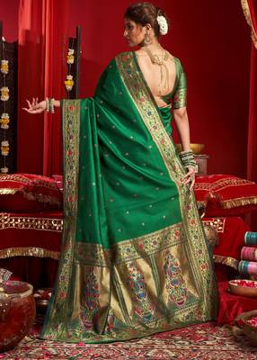 Green silk blend banarasi saree with unstitched blouse piece 4