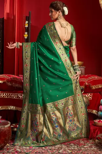 Green silk blend banarasi saree with unstitched blouse piece