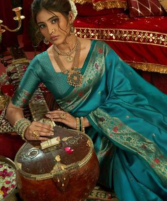 Teal blue silk blend banarasi saree with unstitched blouse piece 2