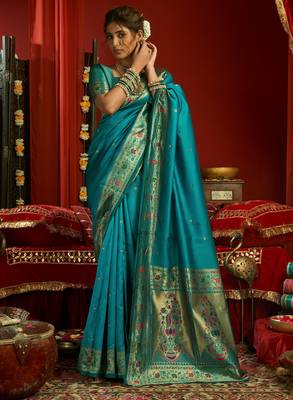Teal blue silk blend banarasi saree with unstitched blouse piece 3