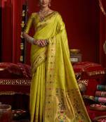 Parrot silk blend banarasi saree with unstitched blouse piece