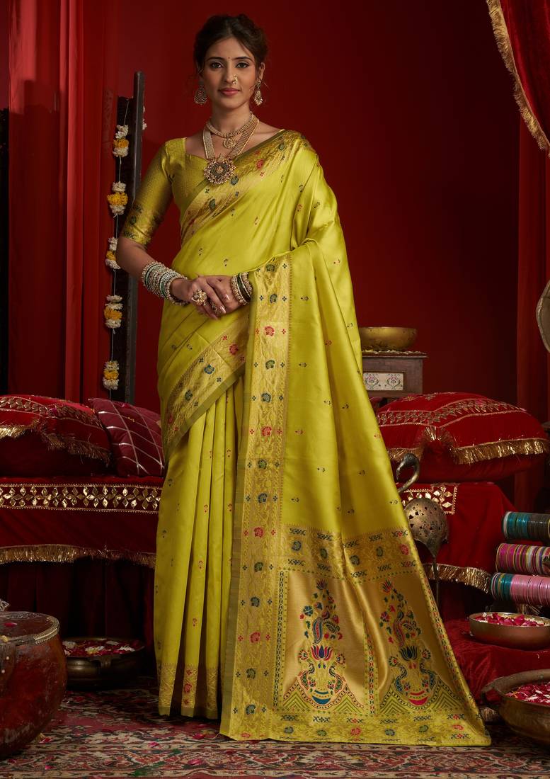 Parrot soft silk blend banarasi jacuard work designer party wear saree with unstitched blouse piece