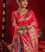 Pink silk blend banarasi saree with unstitched blouse piece