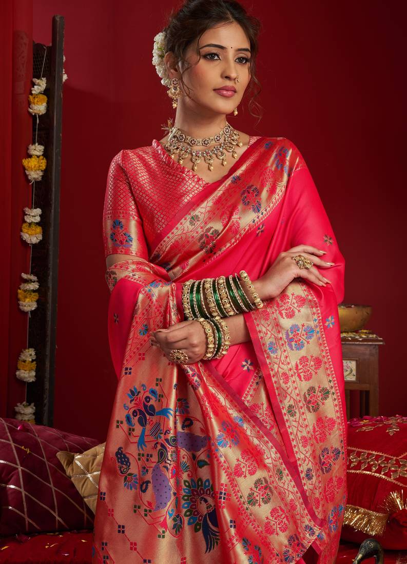 Pink soft silk blend banarasi jacuard work designer party wear saree with unstitched blouse piece