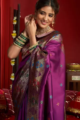 Purple silk blend banarasi saree with unstitched blouse piece
