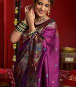 Purple silk blend banarasi saree with unstitched blouse piece