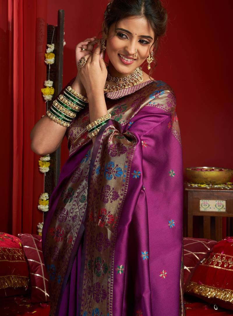 Purple soft silk blend banarasi jacuard work designer party wear saree with unstitched blouse piece
