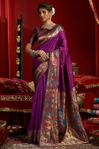 Purple silk blend banarasi saree with unstitched blouse piece