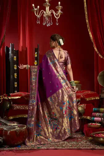 Purple silk blend banarasi saree with unstitched blouse piece