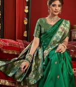 Green silk blend banarasi saree with unstitched blouse piece