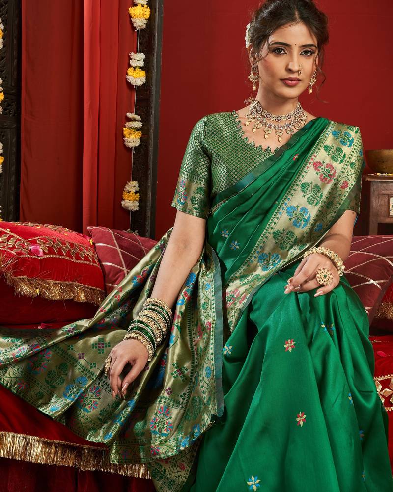 Green soft silk blend banarasi jacuard work designer party wear saree with unstitched blouse piece