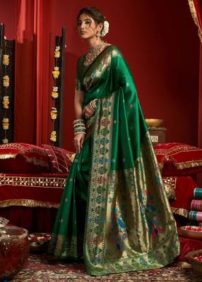 Green silk blend banarasi saree with unstitched blouse piece 3