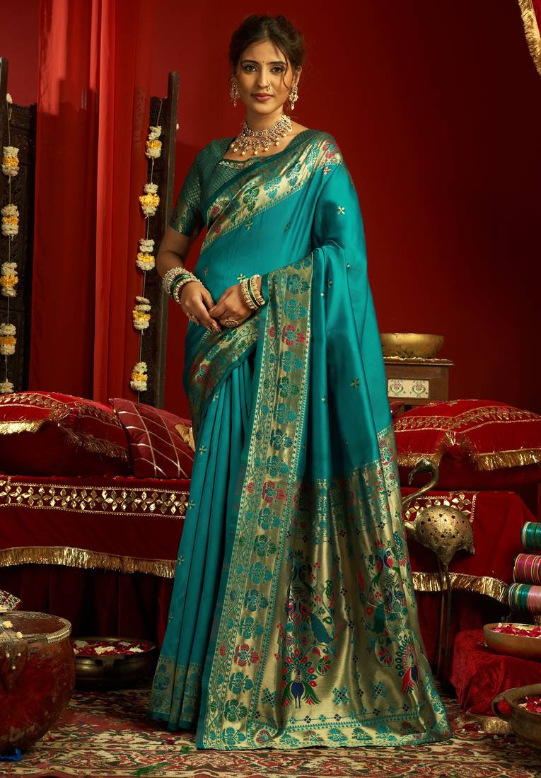 Rama soft silk blend banarasi jacuard work designer party wear saree with unstitched blouse piece