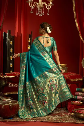 Rama silk blend banarasi saree with unstitched blouse piece
