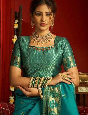 Rama silk blend banarasi saree with unstitched blouse piece 5