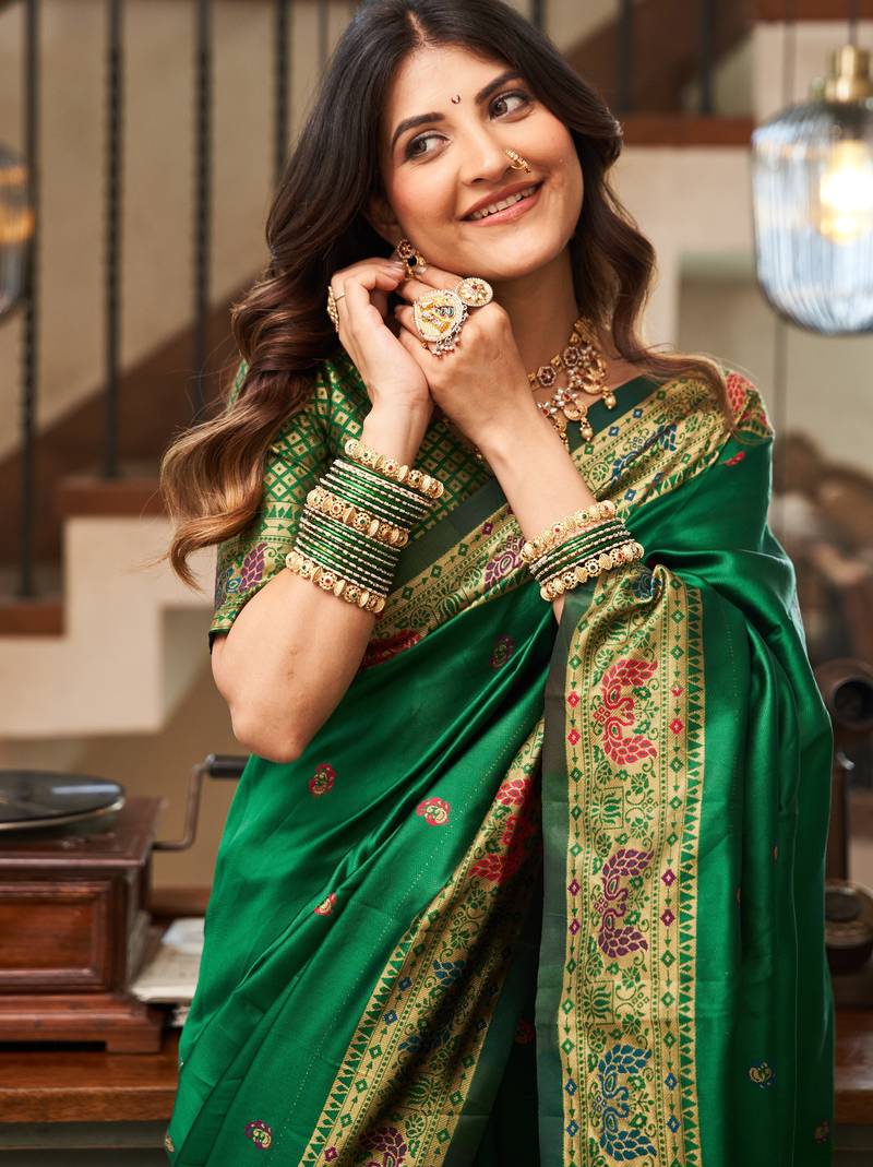 Green soft silk blend banarasi jacuard work designer party wear saree with unstitched blouse piece