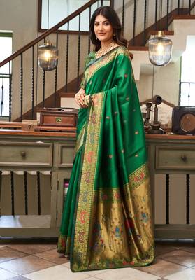 Green silk blend banarasi saree with unstitched blouse piece 3