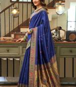 Blue silk blend banarasi saree with unstitched blouse piece