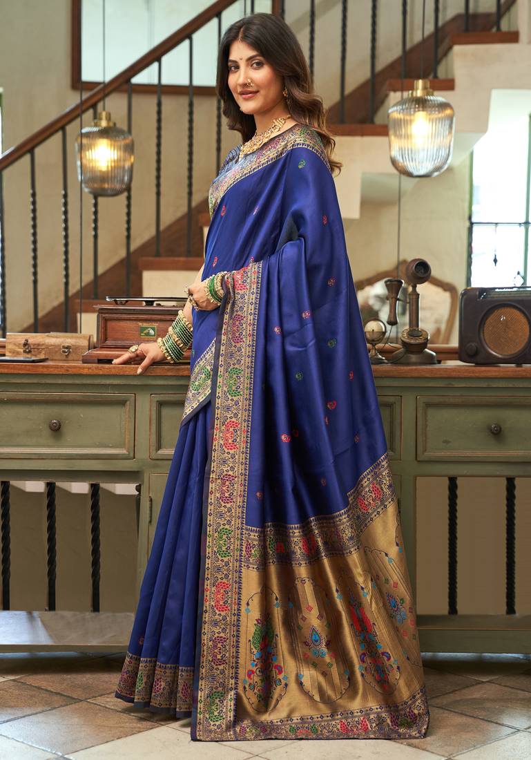 Blue soft silk blend banarasi jacuard work designer party wear saree with unstitched blouse piece