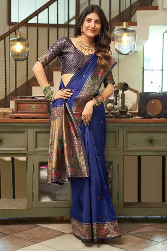 Blue silk blend banarasi saree with unstitched blouse piece