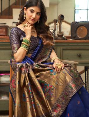 Blue silk blend banarasi saree with unstitched blouse piece 3