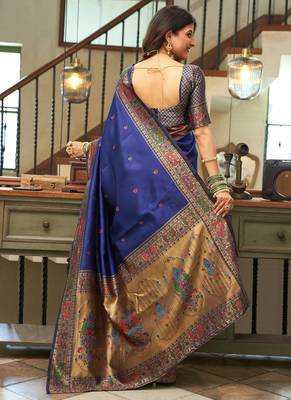 Blue silk blend banarasi saree with unstitched blouse piece 4