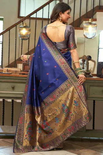 Blue silk blend banarasi saree with unstitched blouse piece