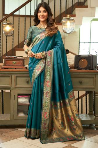 Teal blue soft silk blend banarasi jacuard work designer party wear saree with unstitched blouse piece