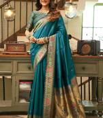 Teal blue silk blend banarasi saree with unstitched blouse piece
