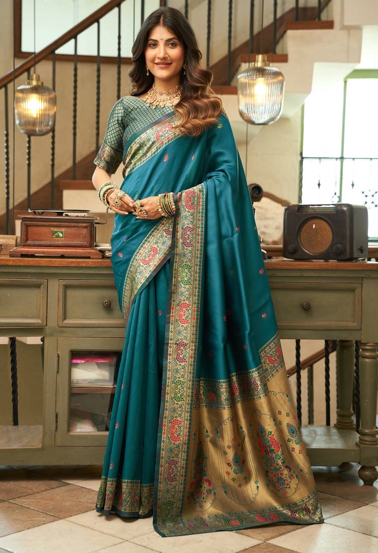 Teal blue soft silk blend banarasi jacuard work designer party wear saree with unstitched blouse piece