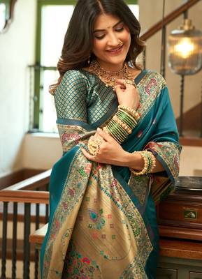 Teal blue silk blend banarasi saree with unstitched blouse piece 2