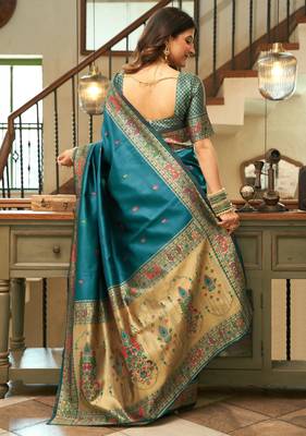Teal blue silk blend banarasi saree with unstitched blouse piece 4