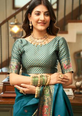 Teal blue silk blend banarasi saree with unstitched blouse piece 5