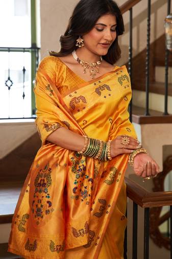 Yellow soft silk blend banarasi jacuard work designer party wear saree with unstitched blouse piece