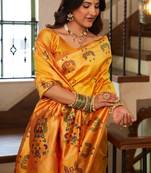 Yellow silk blend banarasi saree with unstitched blouse piece